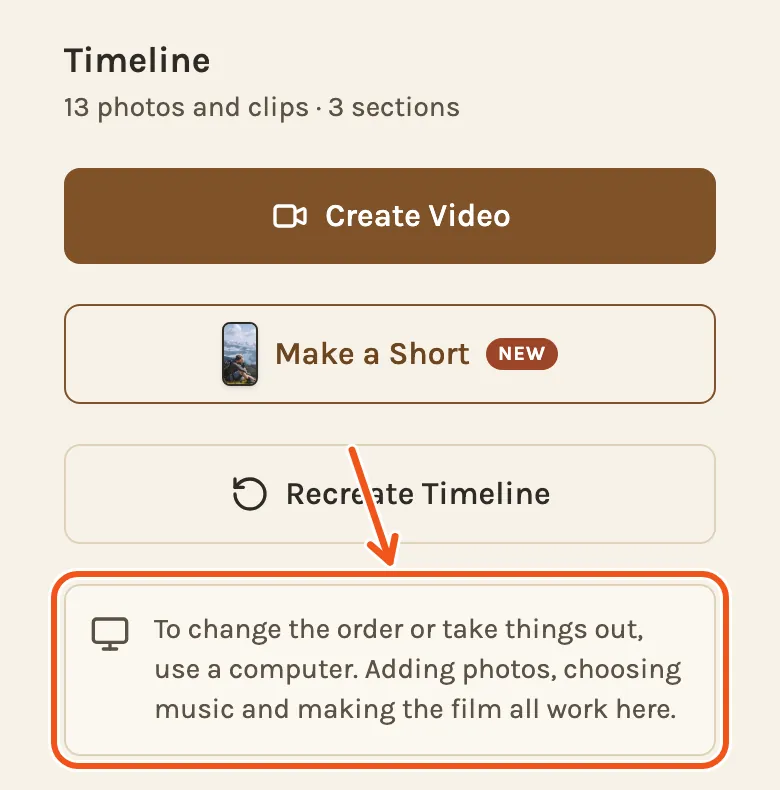The Timeline tab on a phone, with the note that changing the order needs a computer marked.
