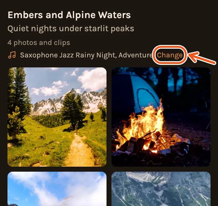 A chapter on a phone: its title, its photos and its song, with Change marked.