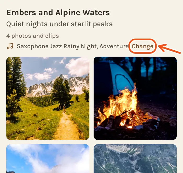 A chapter on a phone: its title, its photos and its song, with Change marked.