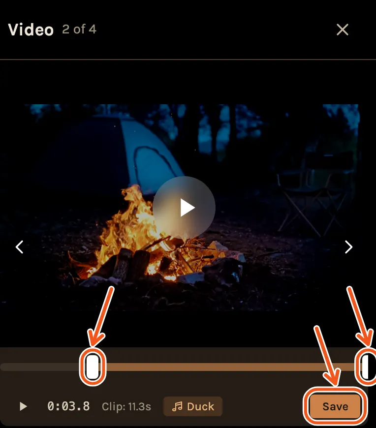 A video clip open on a phone, with the two trim handles under it and Save marked.