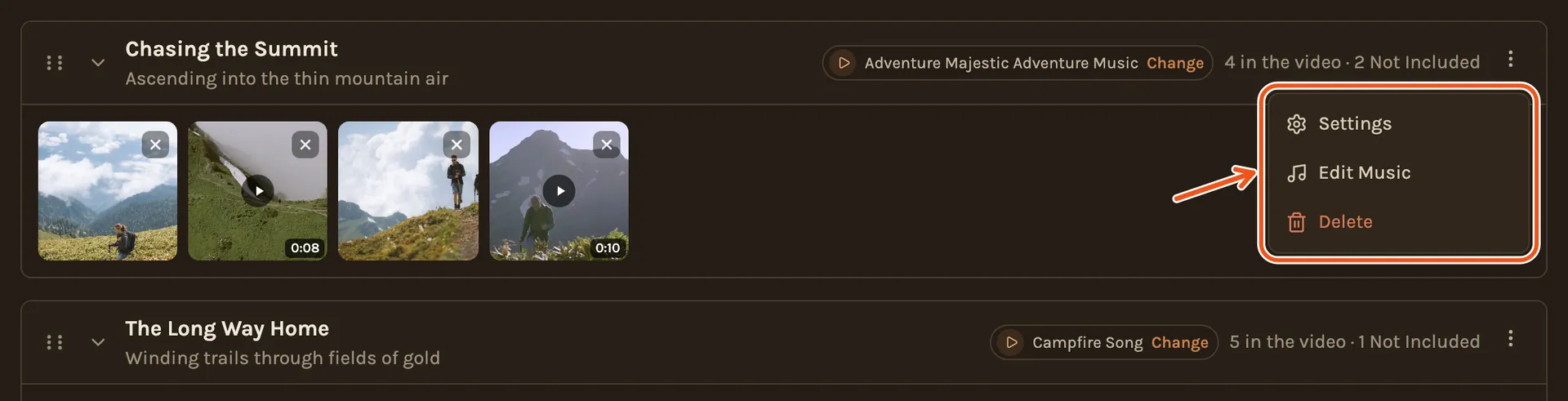 A chapter's menu open with Settings, Edit Music and Delete, marked.