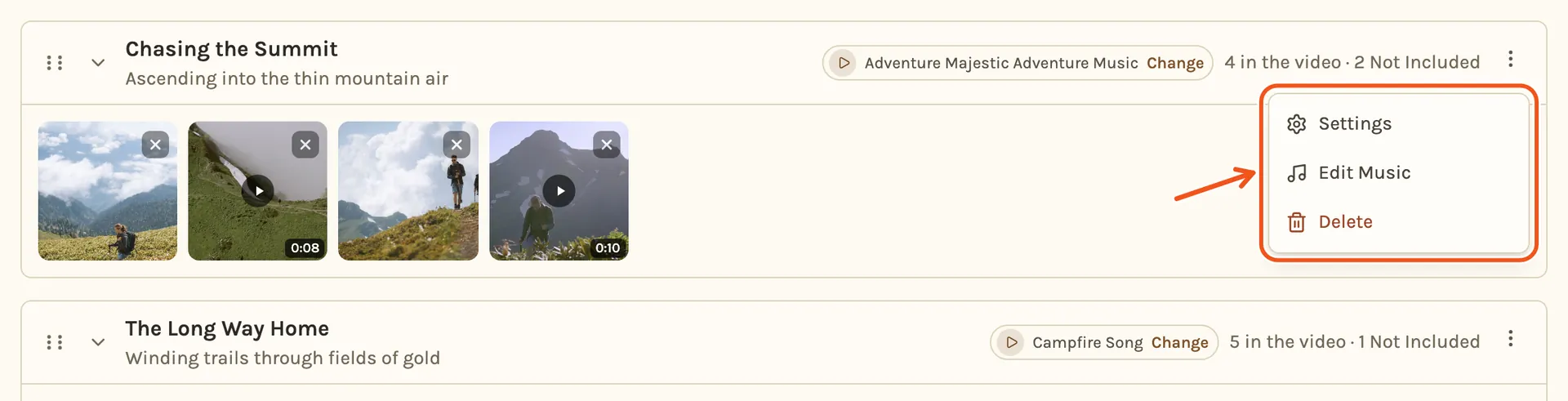 A chapter's menu open with Settings, Edit Music and Delete, marked.