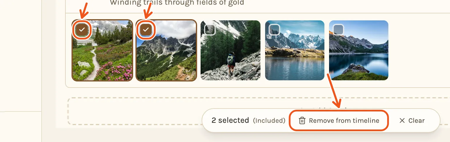 Two photos ticked and the bar at the bottom, with the ticks and Remove from timeline marked.