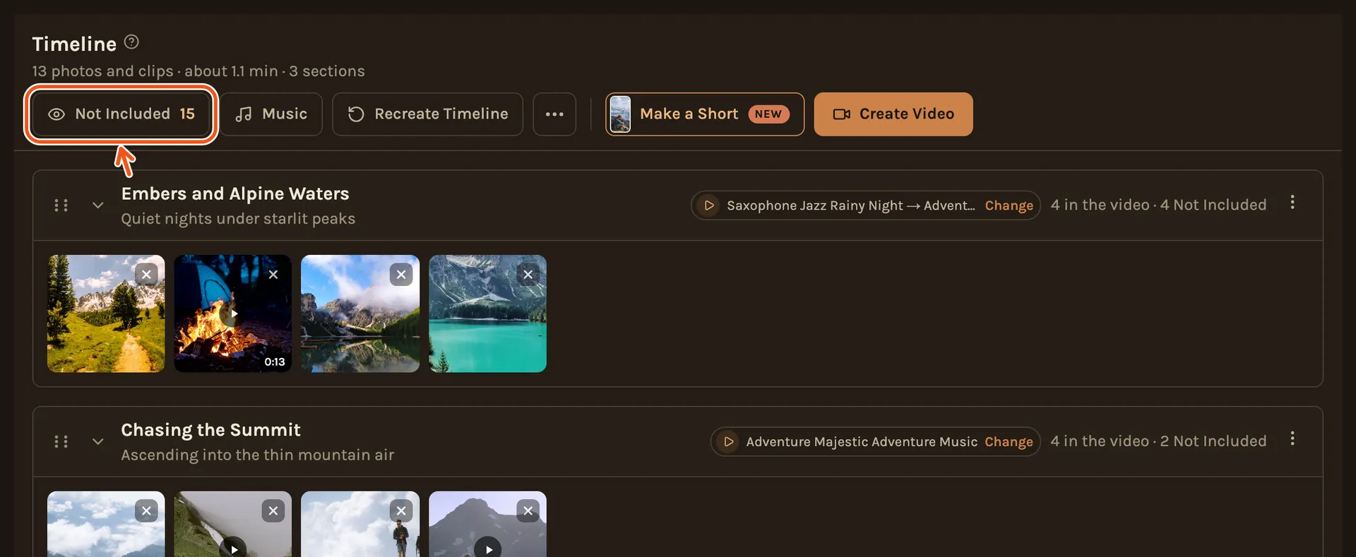 The timeline as it opens: its header and buttons, the first chapter and its photos, with the Not Included button marked.