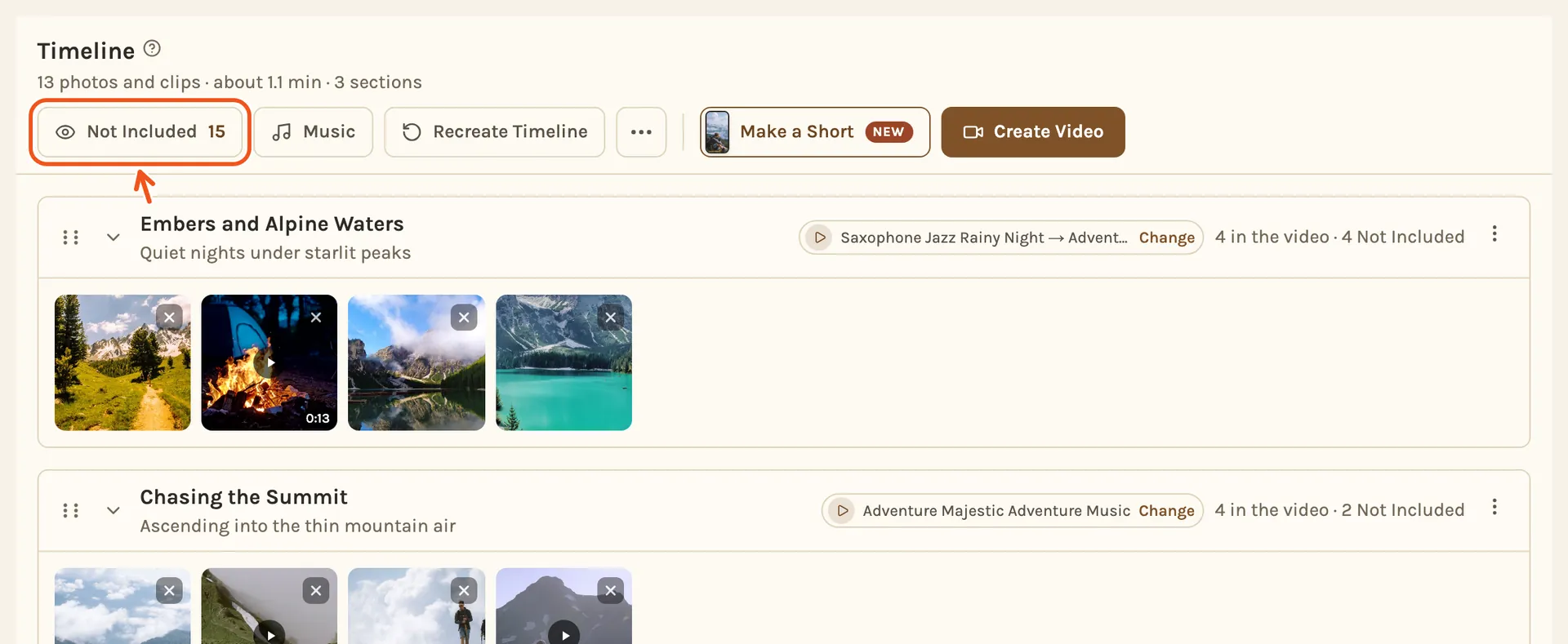 The timeline as it opens: its header and buttons, the first chapter and its photos, with the Not Included button marked.