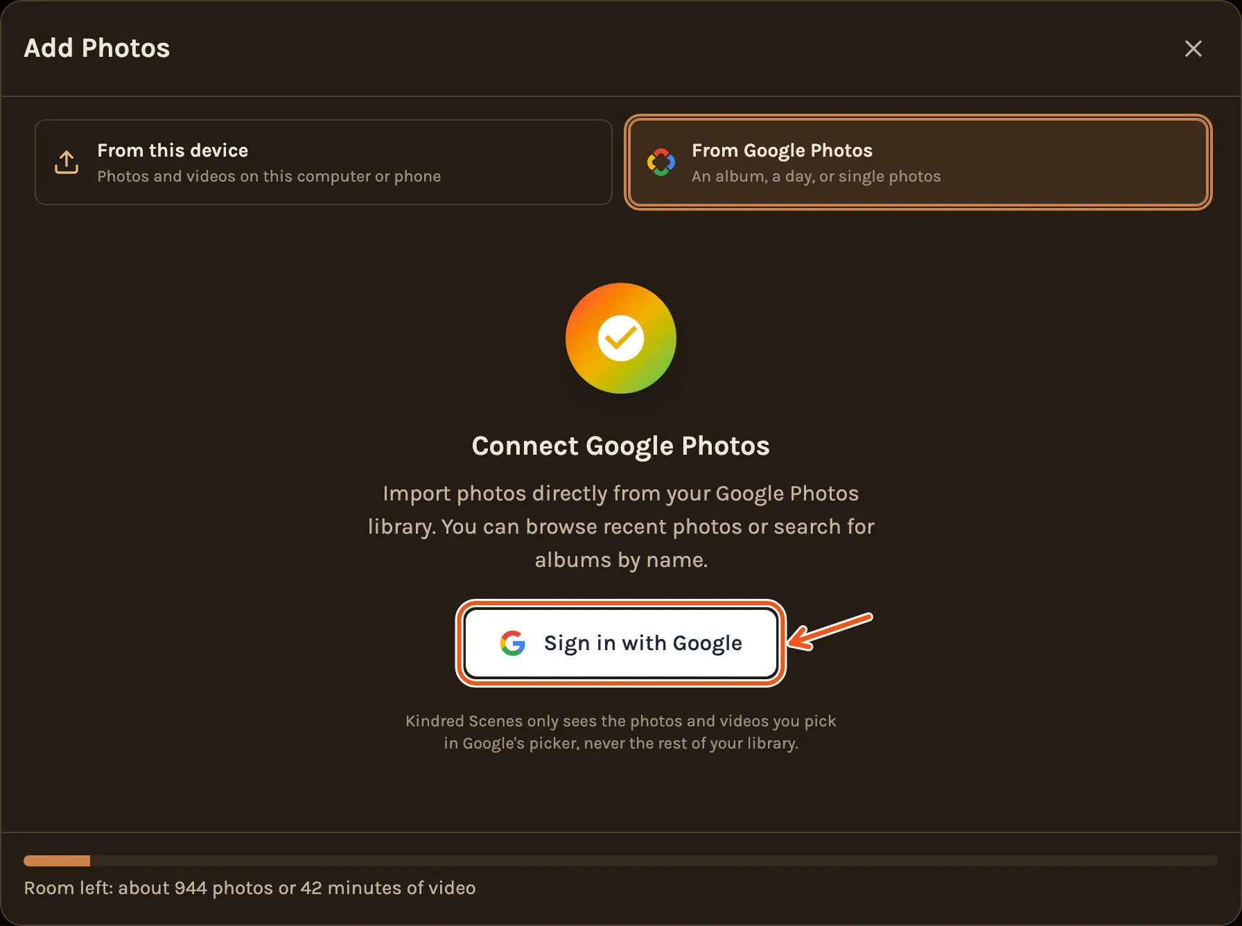 From Google Photos before connecting, with Sign in with Google marked.