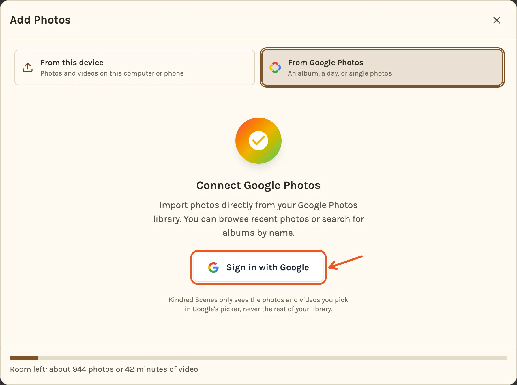 From Google Photos before connecting, with Sign in with Google marked.