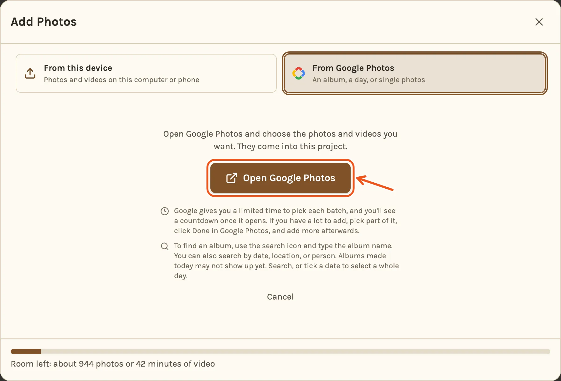 From Google Photos once connected, with Open Google Photos marked.