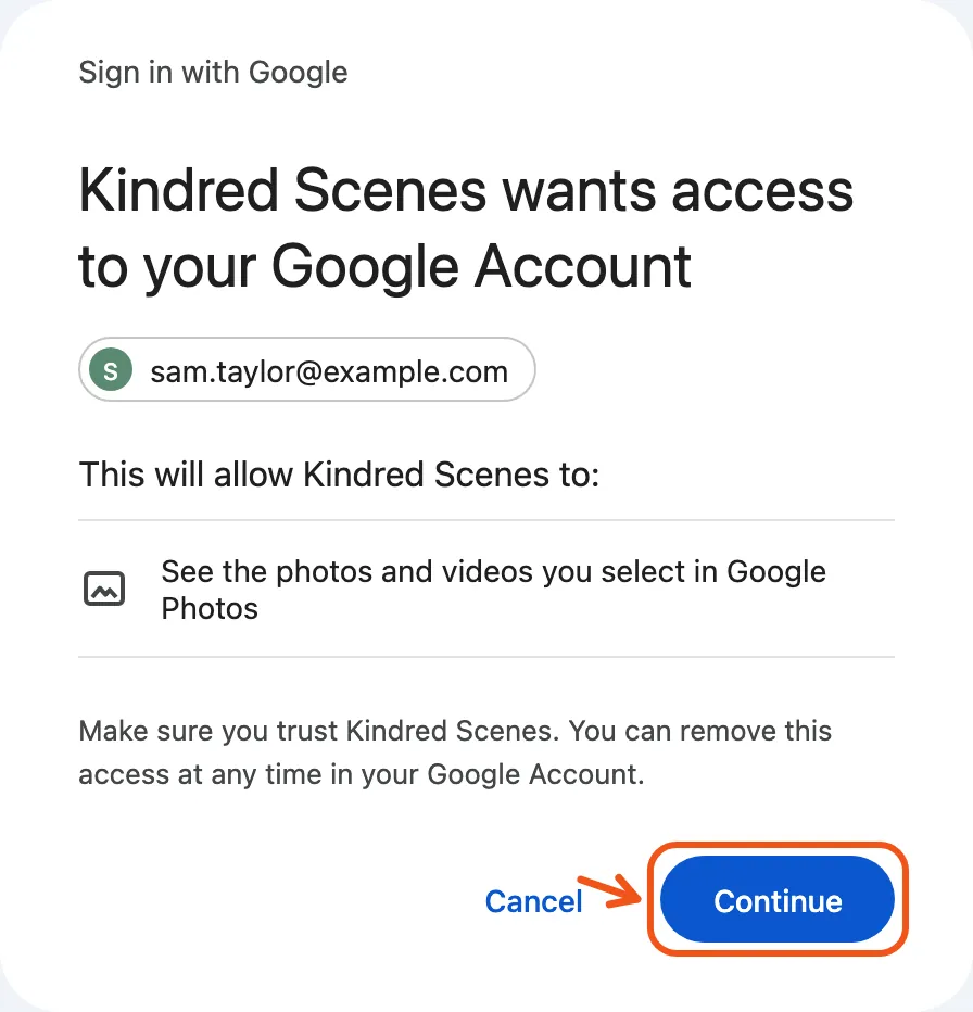 Google asking to let Kindred Scenes see the photos and videos you select, with Continue marked.