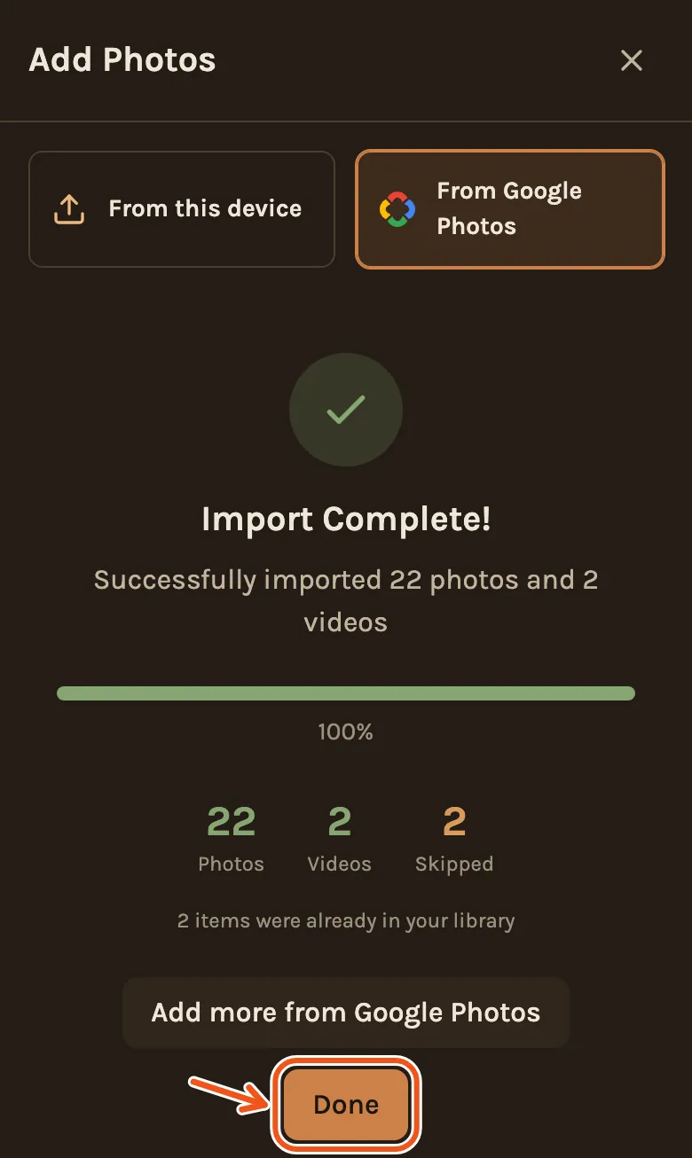 Import Complete on a phone, with the counts of photos, videos and skipped items.
