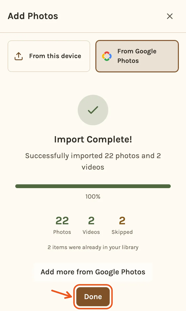 Import Complete on a phone, with the counts of photos, videos and skipped items.