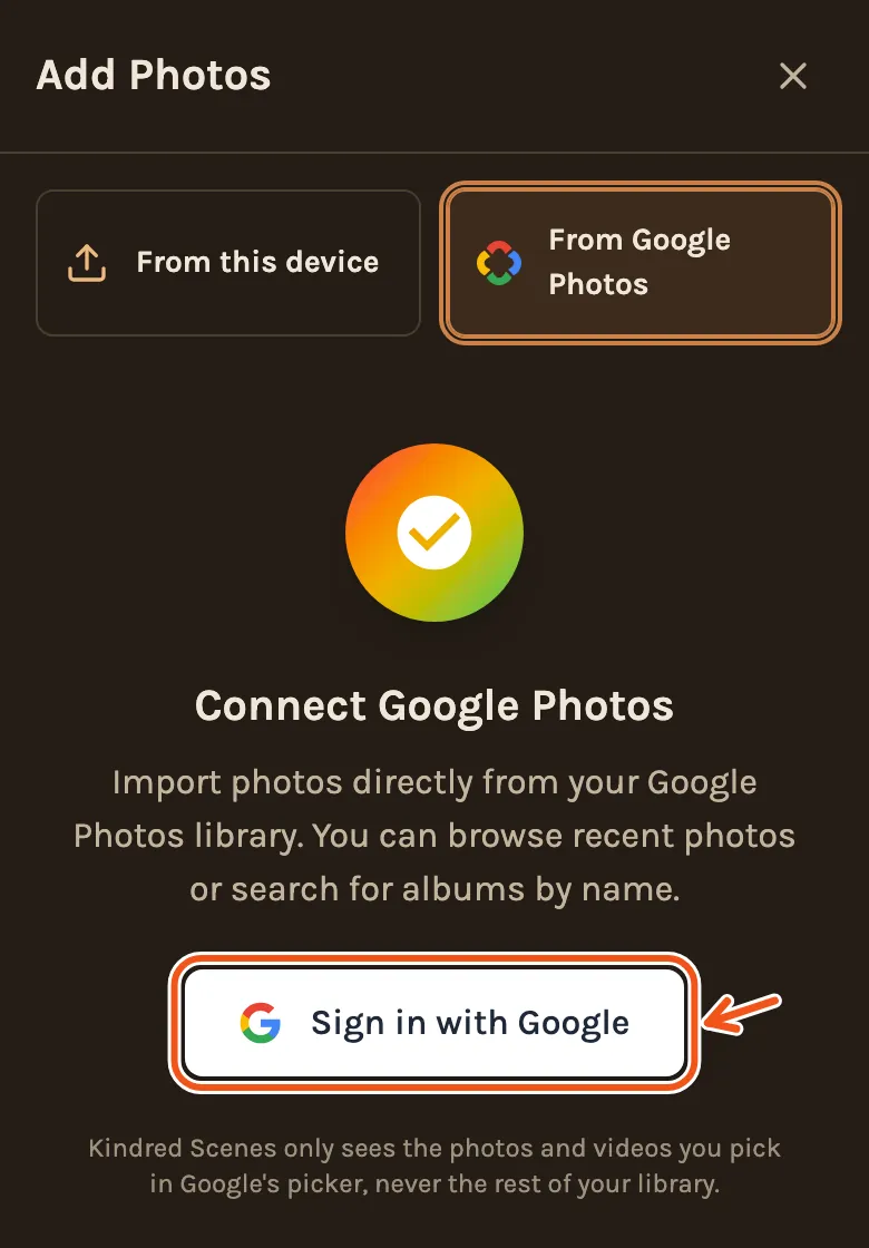 From Google Photos on a phone before connecting, with Sign in with Google marked.