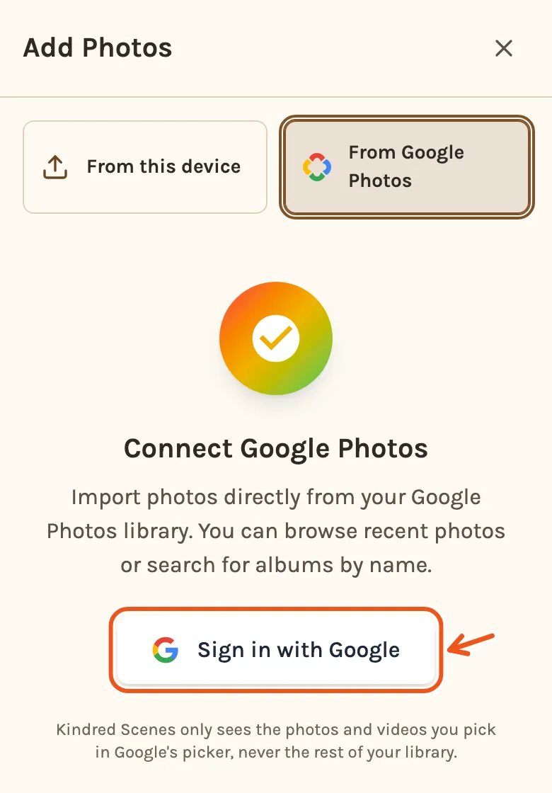 From Google Photos on a phone before connecting, with Sign in with Google marked.
