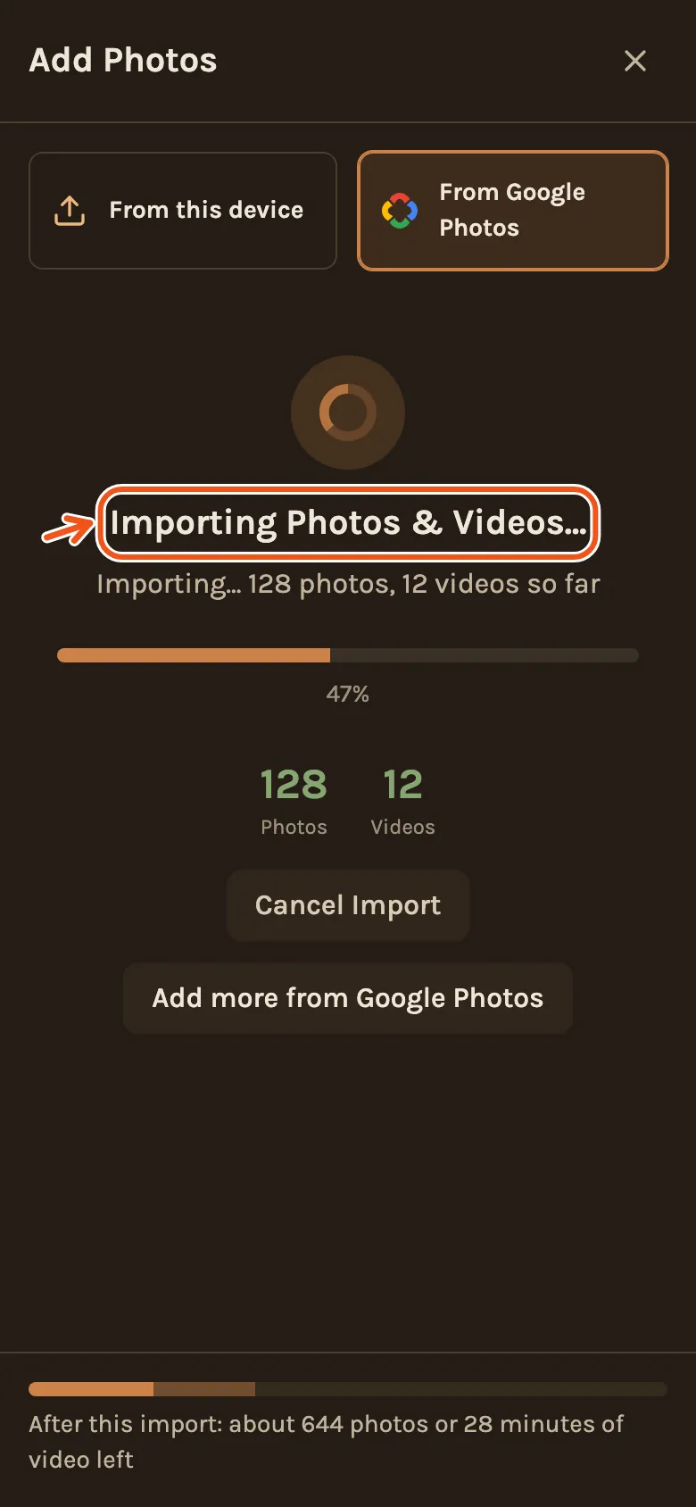 Importing on a phone, with a progress bar, the counts so far, and the room bar at the bottom.