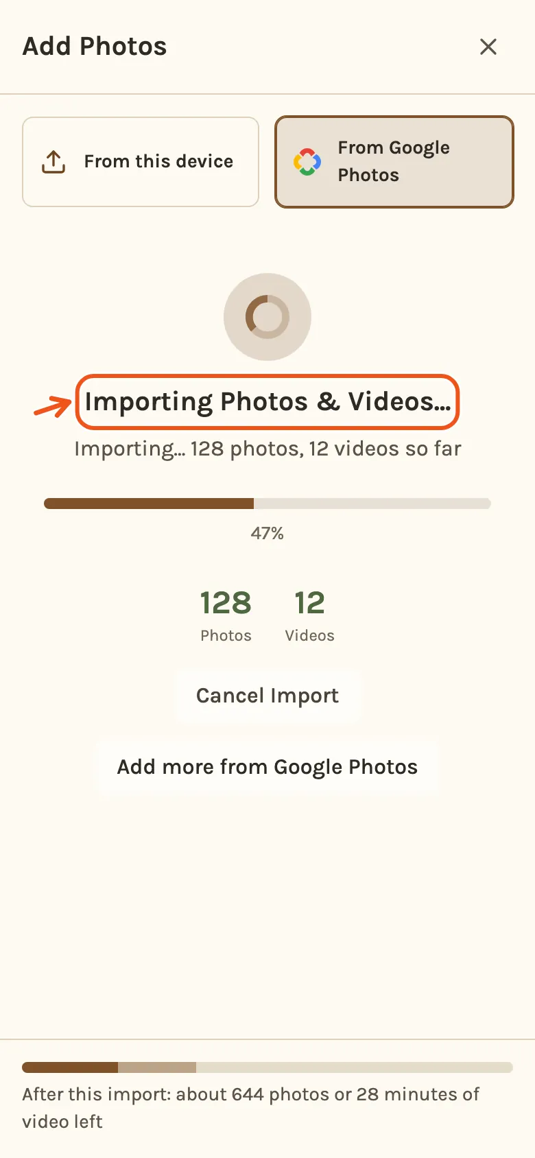 Importing on a phone, with a progress bar, the counts so far, and the room bar at the bottom.