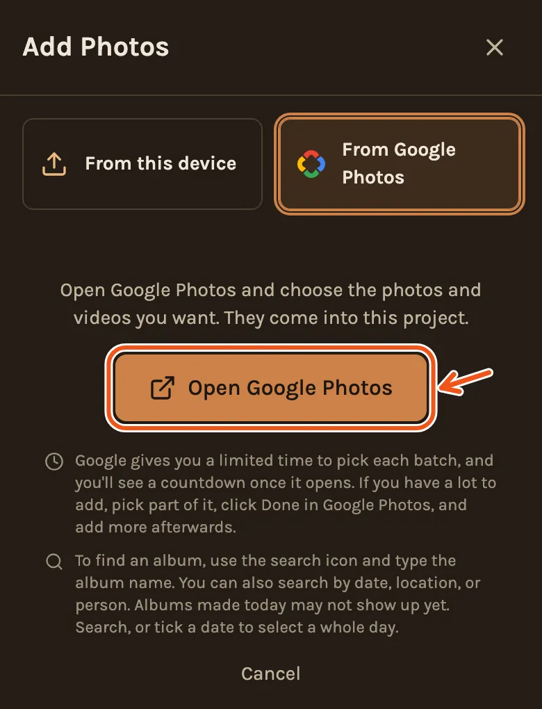 From Google Photos on a phone once connected, with Open Google Photos marked.
