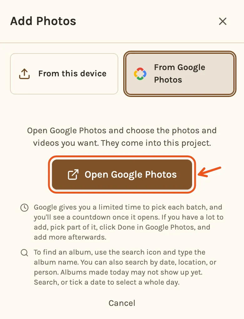 From Google Photos on a phone once connected, with Open Google Photos marked.