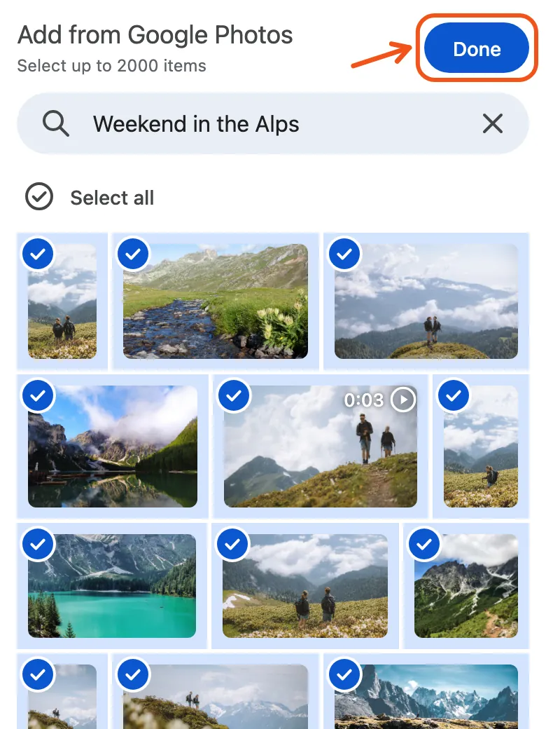 Google's picker on a phone with every photo in the album ticked, and Done marked.