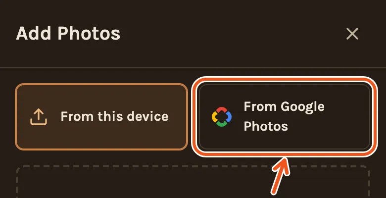 The Add Photos screen on a phone, with From Google Photos marked.