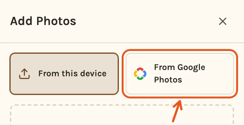 The Add Photos screen on a phone, with From Google Photos marked.
