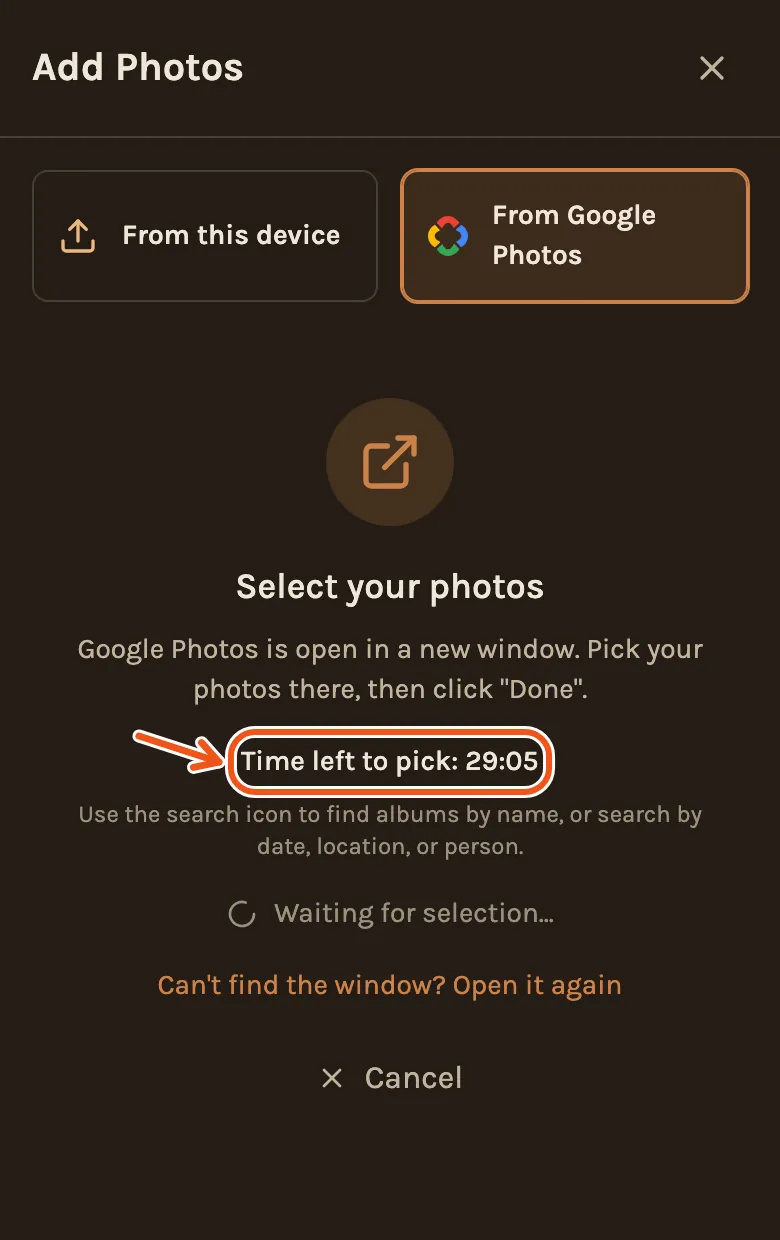 The waiting screen on a phone while you pick in Google's picker, with the time left marked.