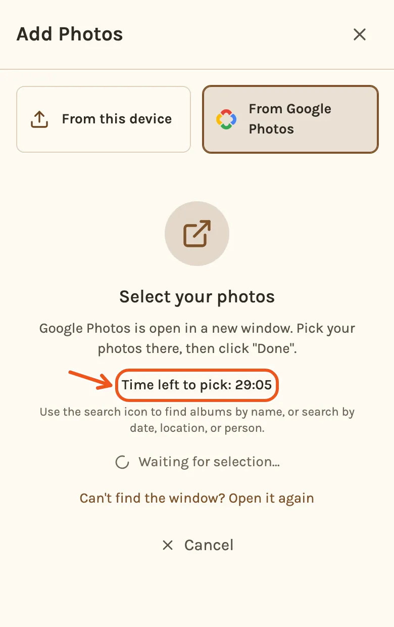 The waiting screen on a phone while you pick in Google's picker, with the time left marked.