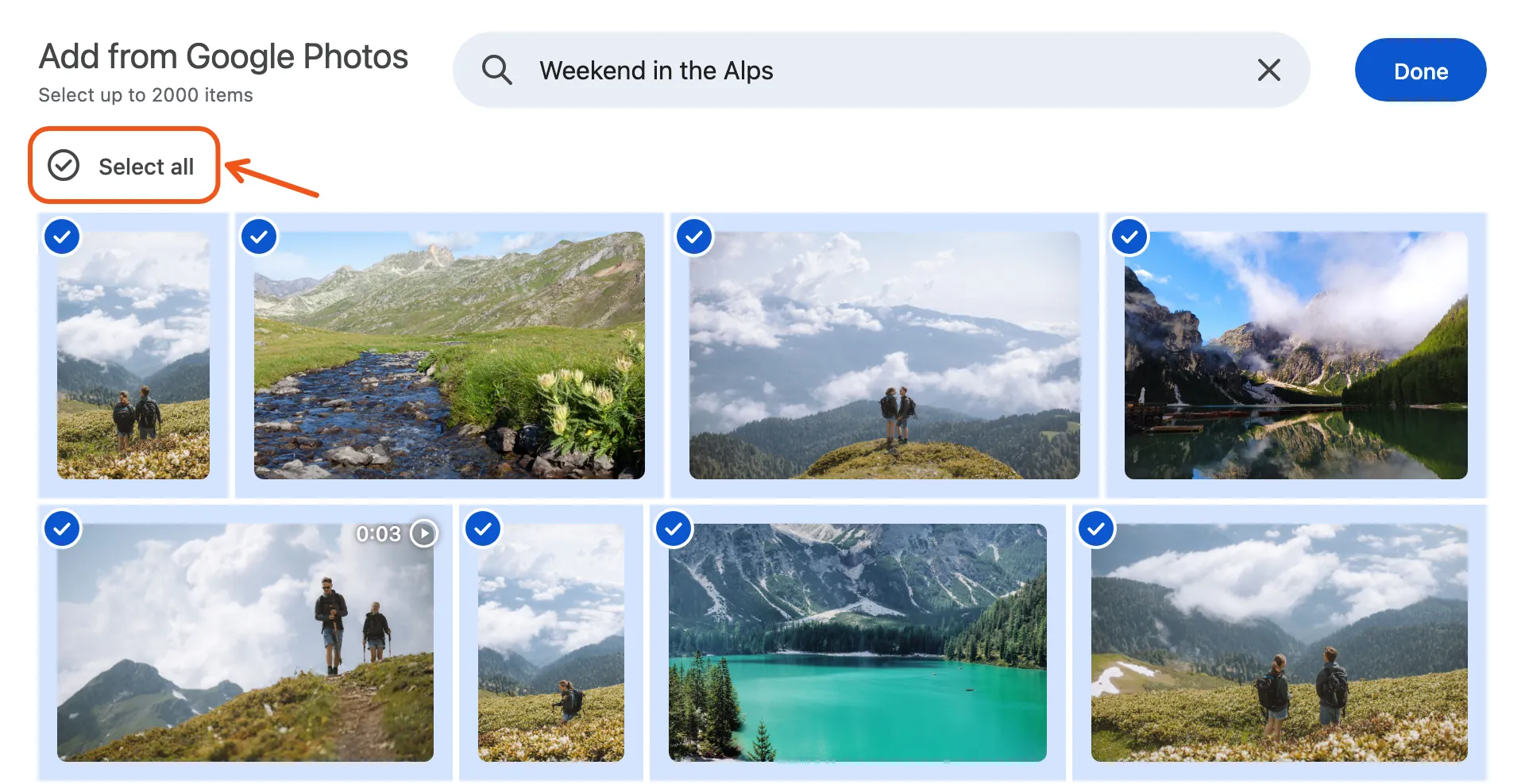 Google's picker searched for the album Weekend in the Alps, with Select all marked and every photo ticked.