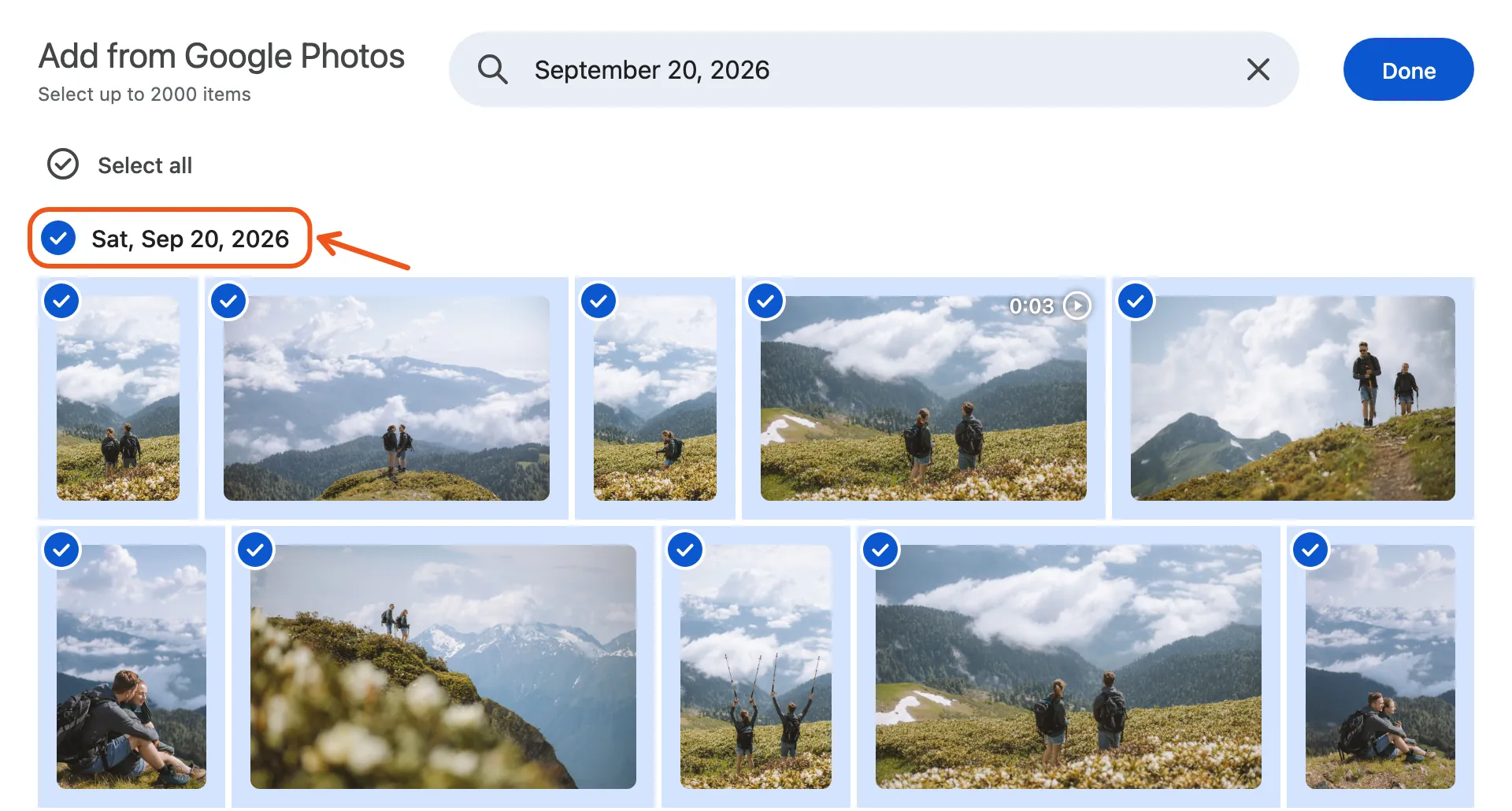 Google's picker searched for September 20, 2026, with the tick beside the date Sat, Sep 20, 2026 marked and every photo from that day ticked.