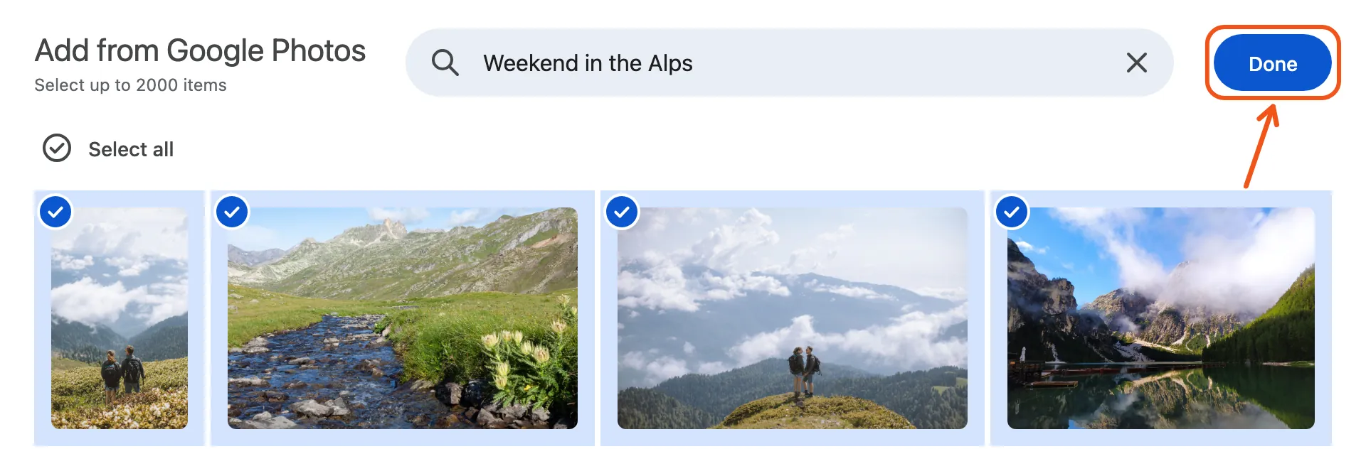 Google's picker with every photo in the album ticked, and Done marked.