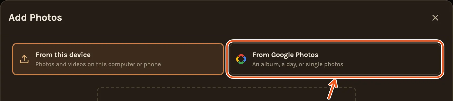 The Add Photos window, with From Google Photos marked.