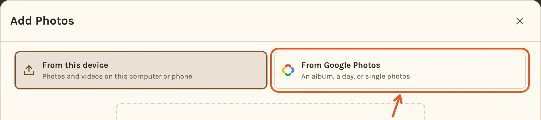 The Add Photos window, with From Google Photos marked.