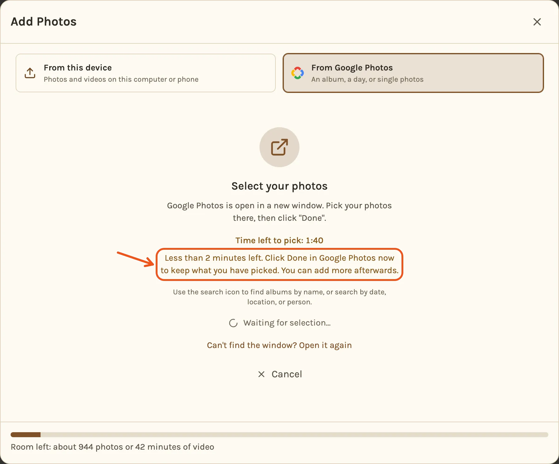 The waiting screen with under two minutes left, and its warning marked: click Done in Google Photos now to keep what you have picked.