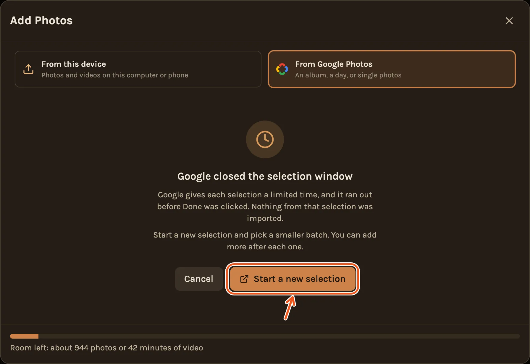 Google closed the selection window: nothing from that selection was imported, with Start a new selection marked.