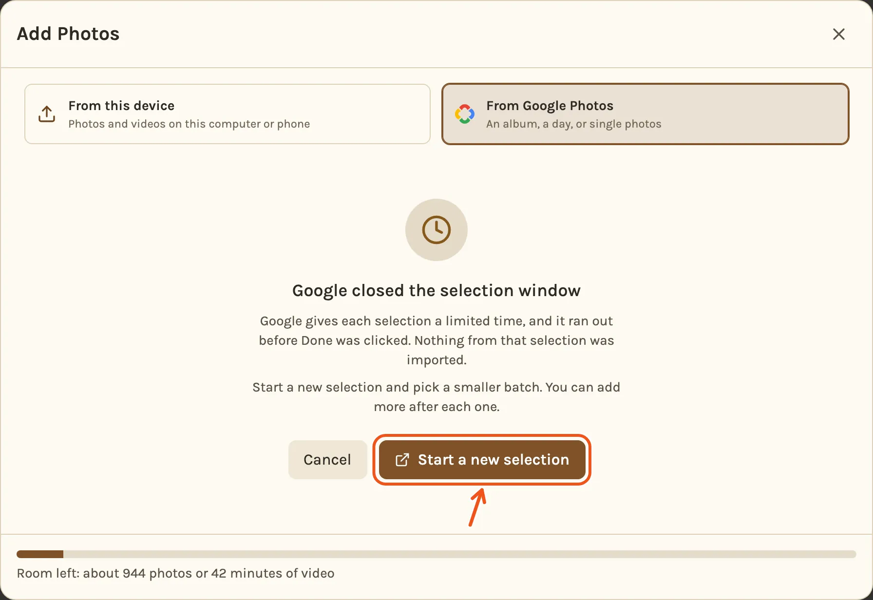 Google closed the selection window: nothing from that selection was imported, with Start a new selection marked.