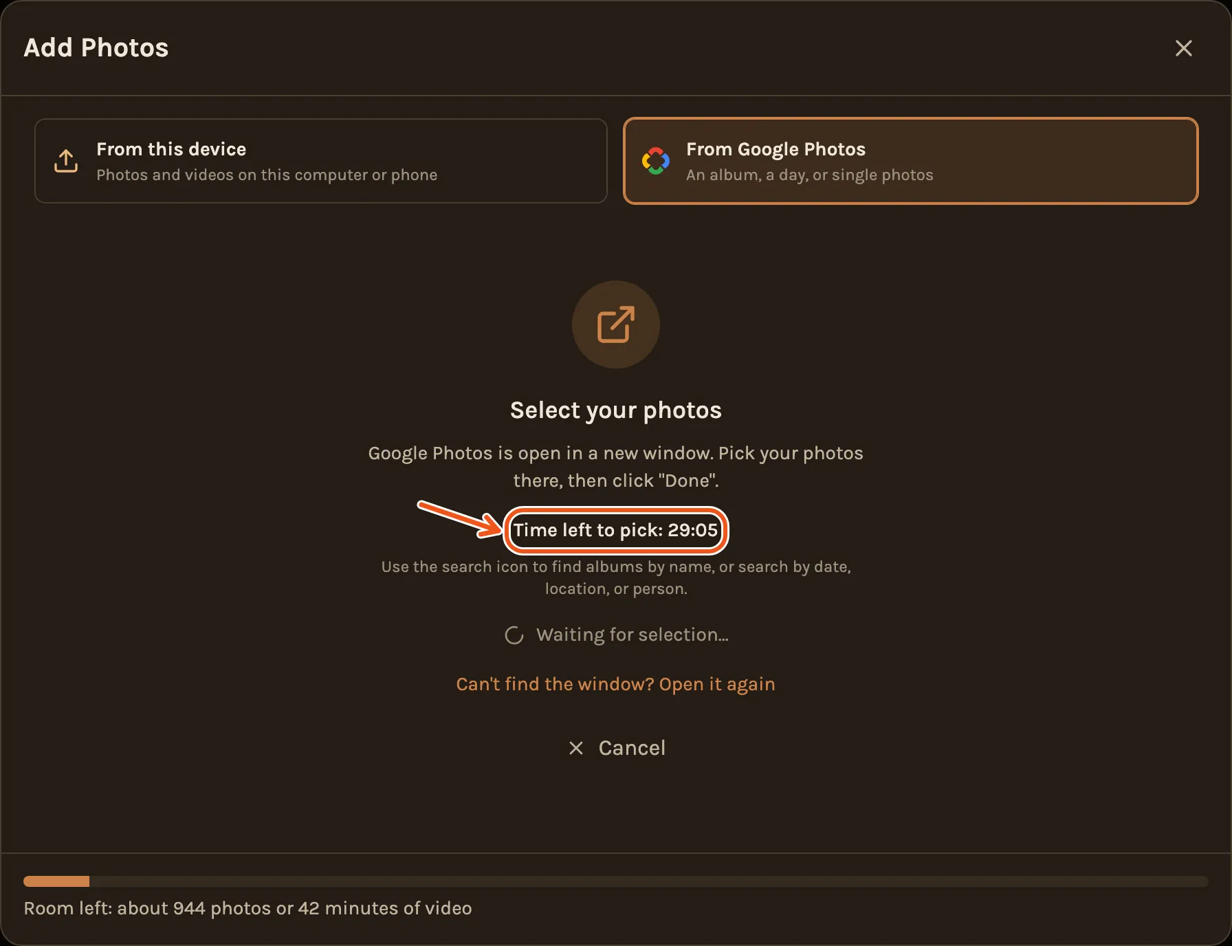 Kindred Scenes waiting while you pick in Google's picker, with the time left marked.