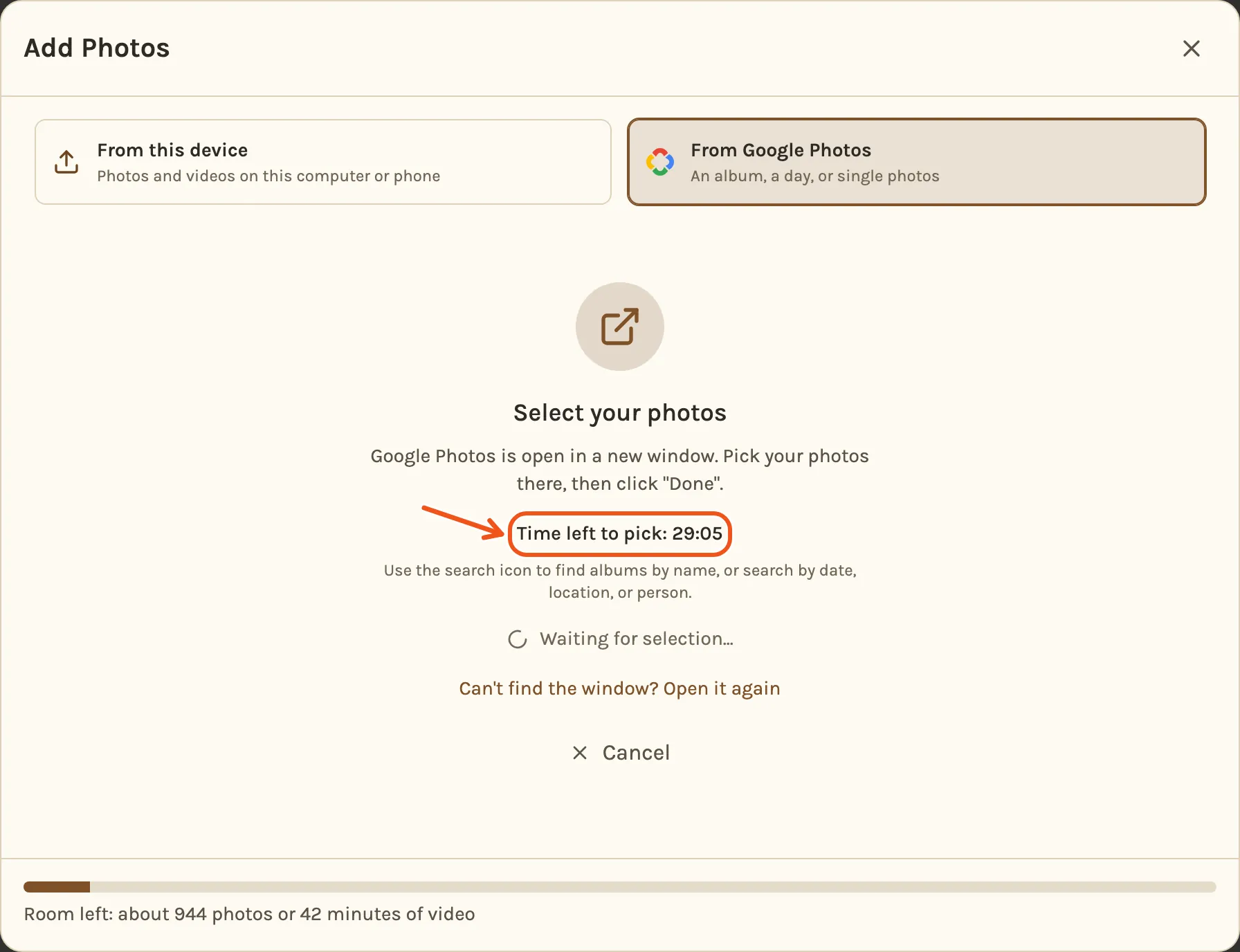 Kindred Scenes waiting while you pick in Google's picker, with the time left marked.