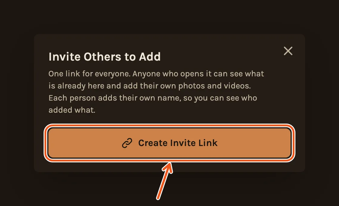 The invite box, with Create Invite Link marked.