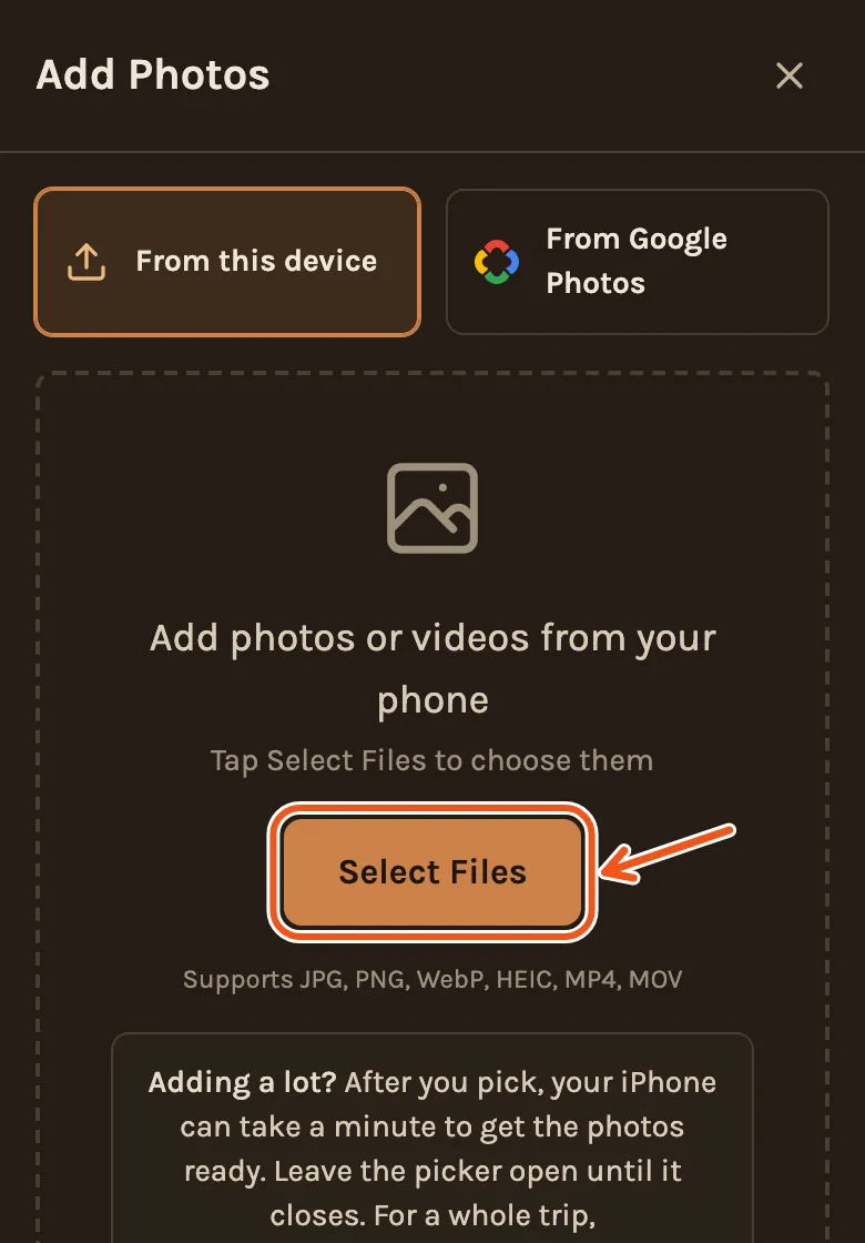 The Add Photos screen on the guest's phone, with Select Files marked.