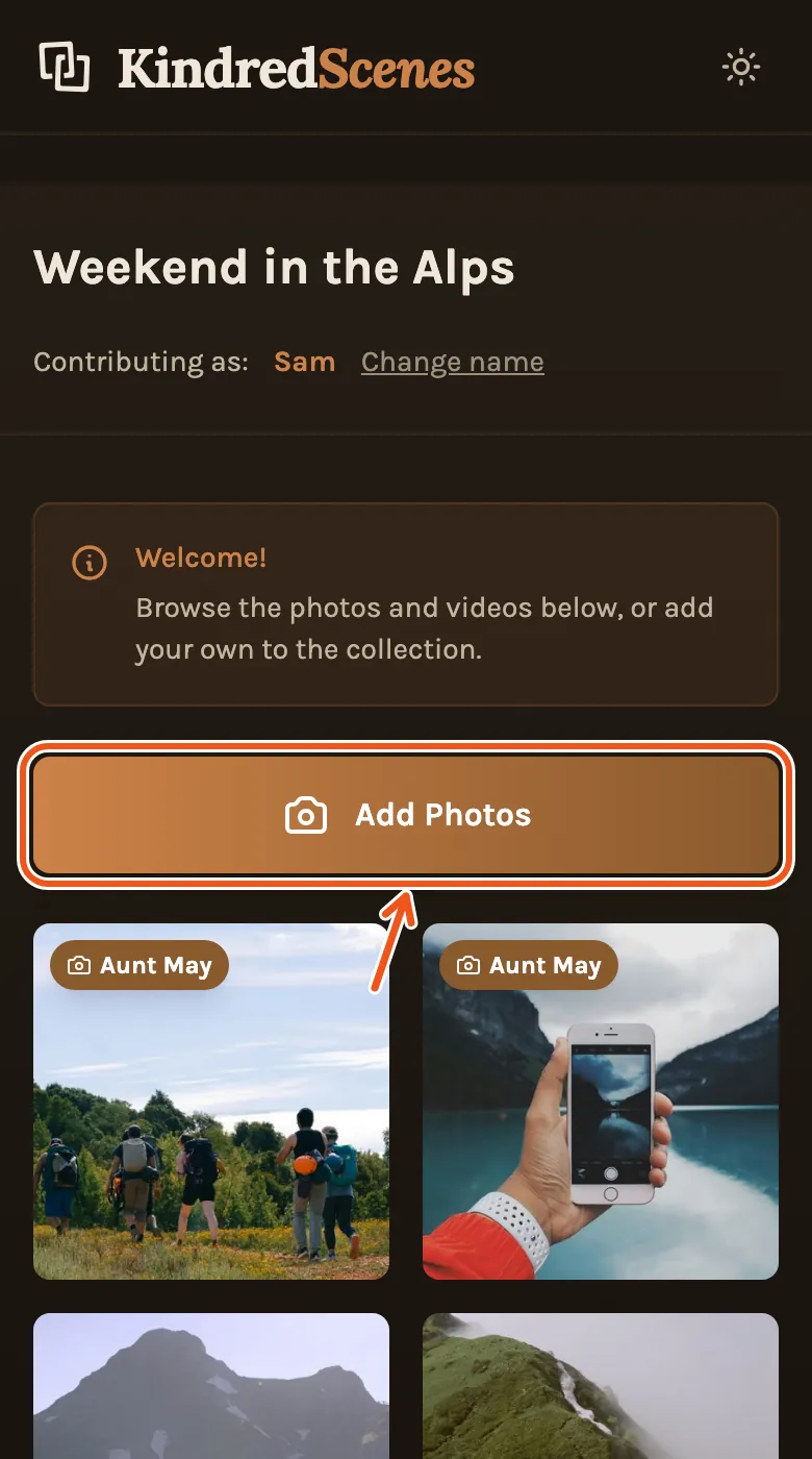 What a guest sees on their phone after opening the link: their name, photos others added with those people's names, and Add Photos marked.
