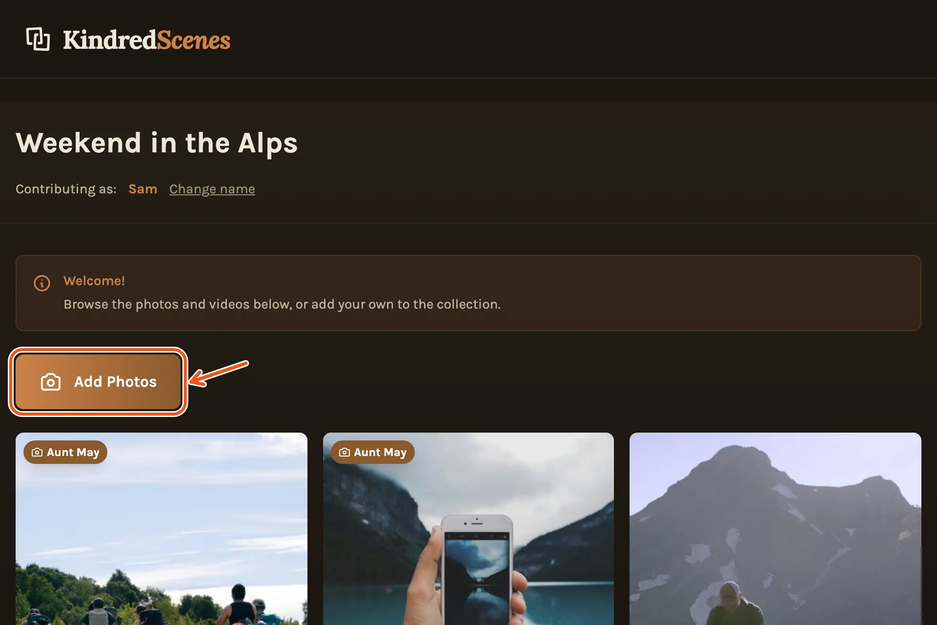 The guest page on a computer, with Add Photos marked.