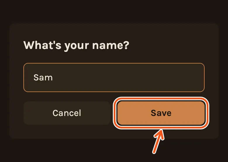 What's your name? on the guest's phone, a name typed in, with Save marked.