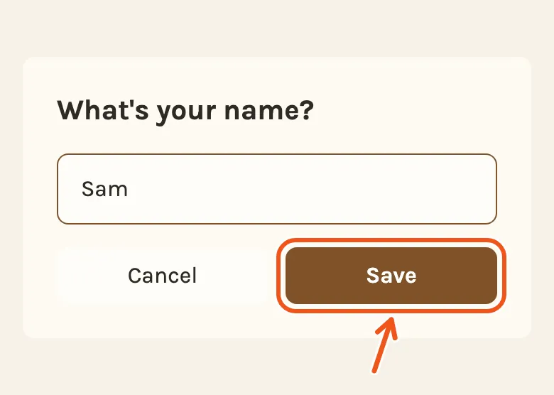 What's your name? on the guest's phone, a name typed in, with Save marked.