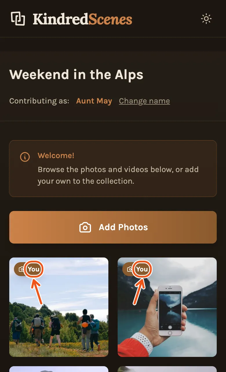 The guest page after adding photos: each photo they added is marked You.