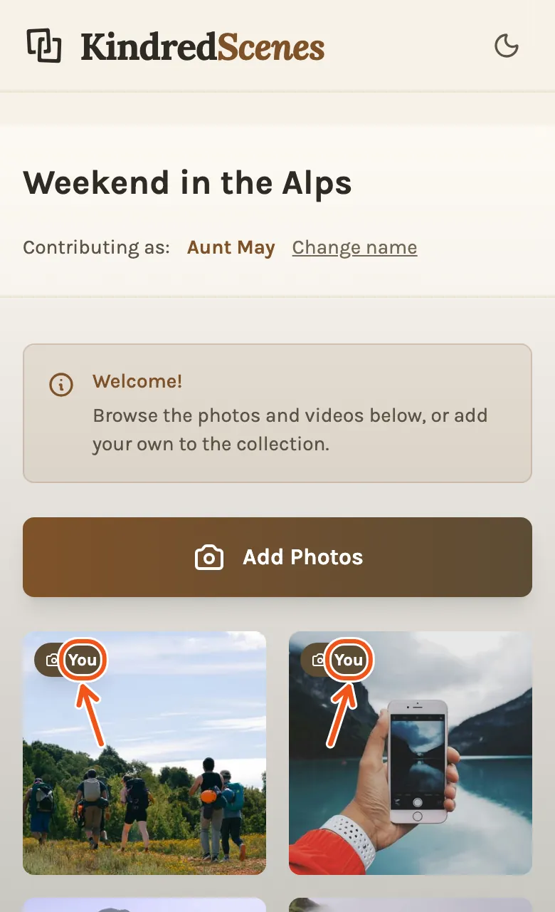 The guest page after adding photos: each photo they added is marked You.
