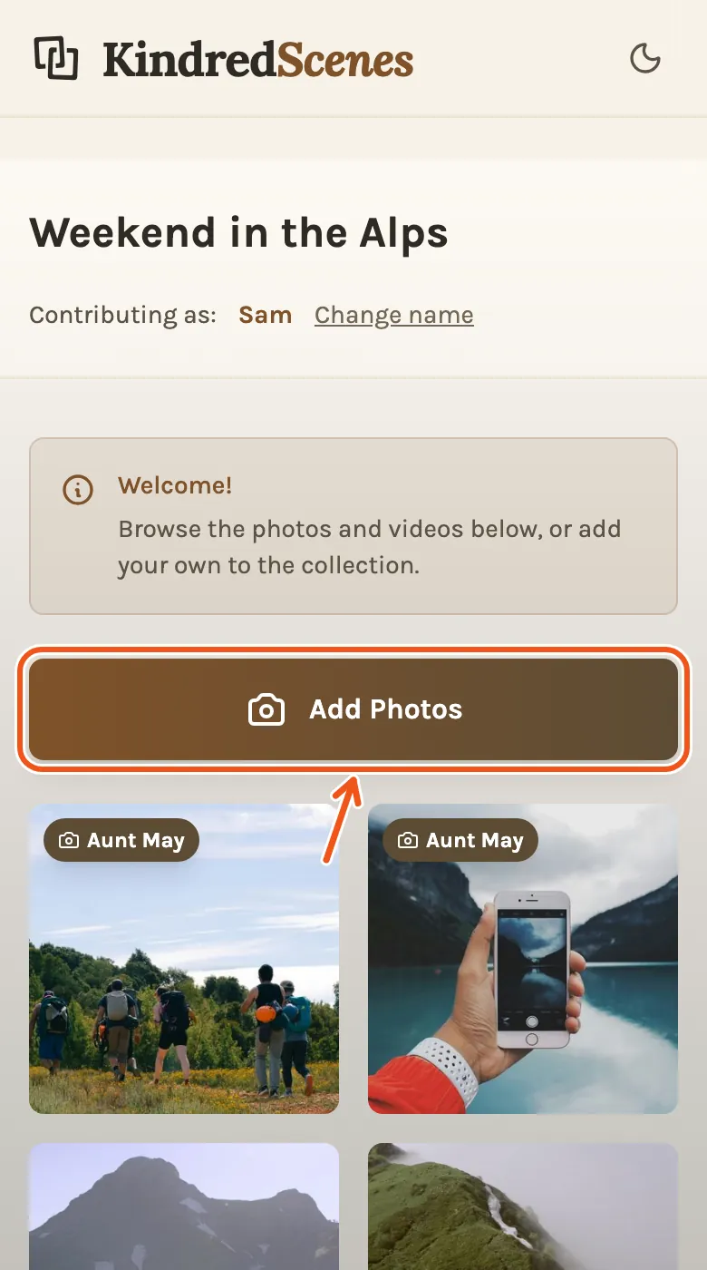 What a guest sees on their phone after opening the link: their name, photos others added with those people's names, and Add Photos marked.