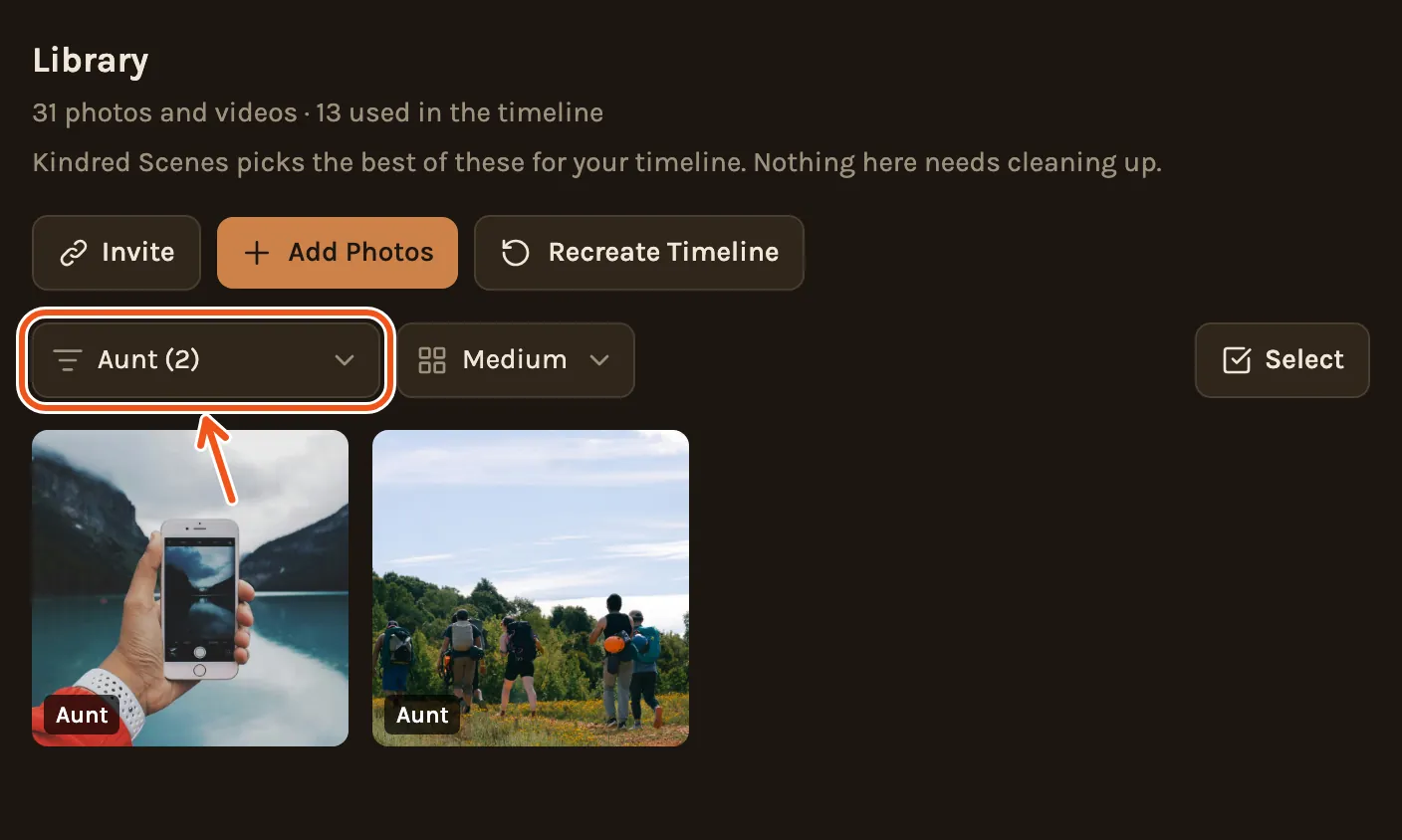 The Library filtered to one person who added photos, showing only their two photos with their first name on each, with the filter marked.