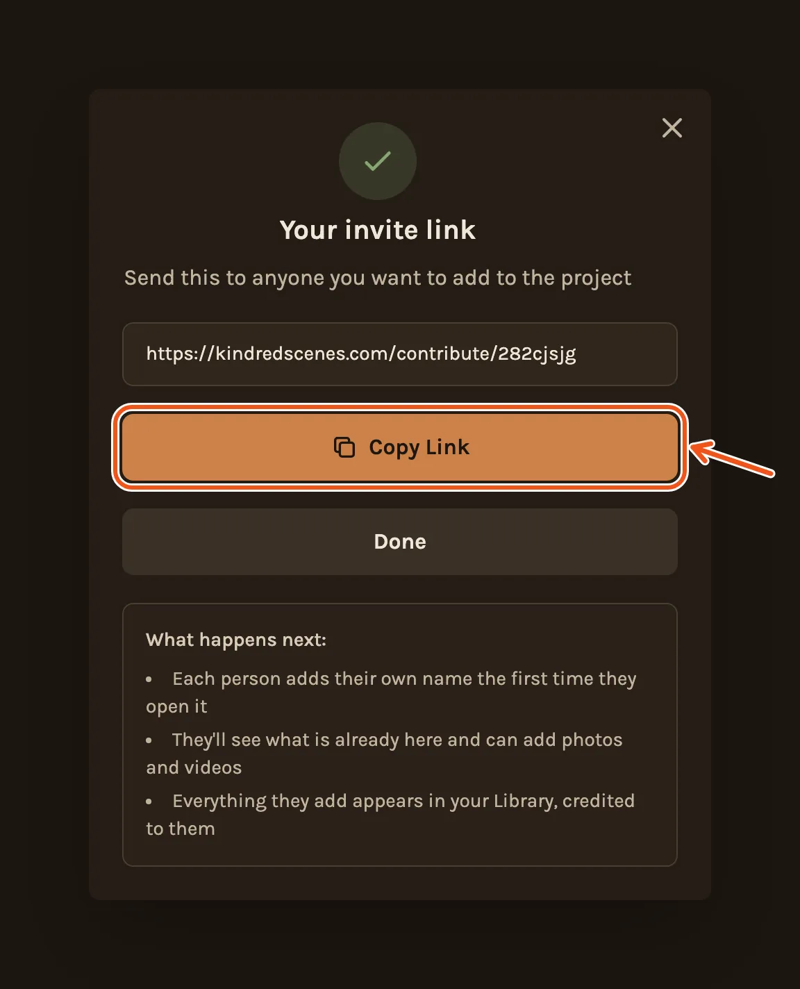 The invite link ready to send, with Copy Link marked.