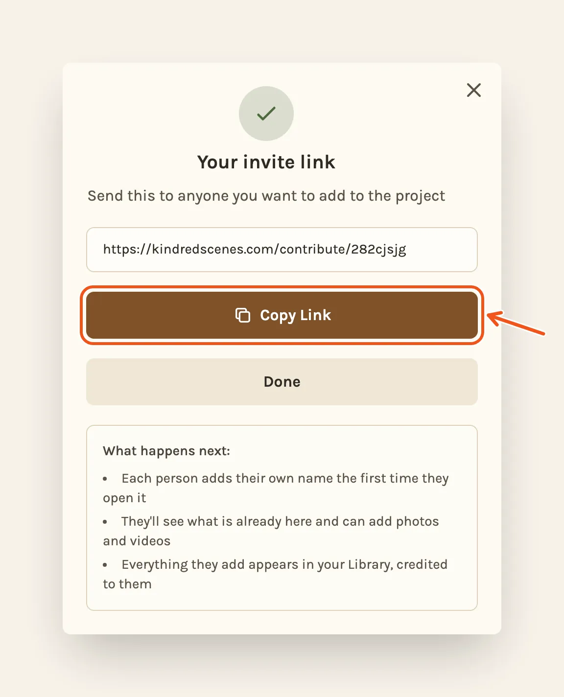 The invite link ready to send, with Copy Link marked.