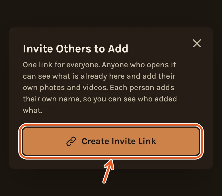 The invite box on a phone, with Create Invite Link marked.
