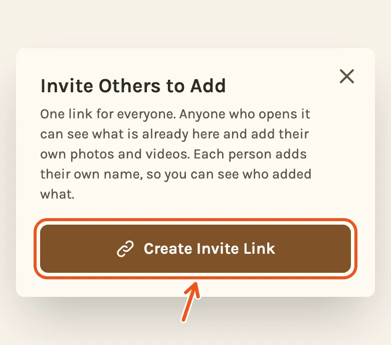 The invite box on a phone, with Create Invite Link marked.